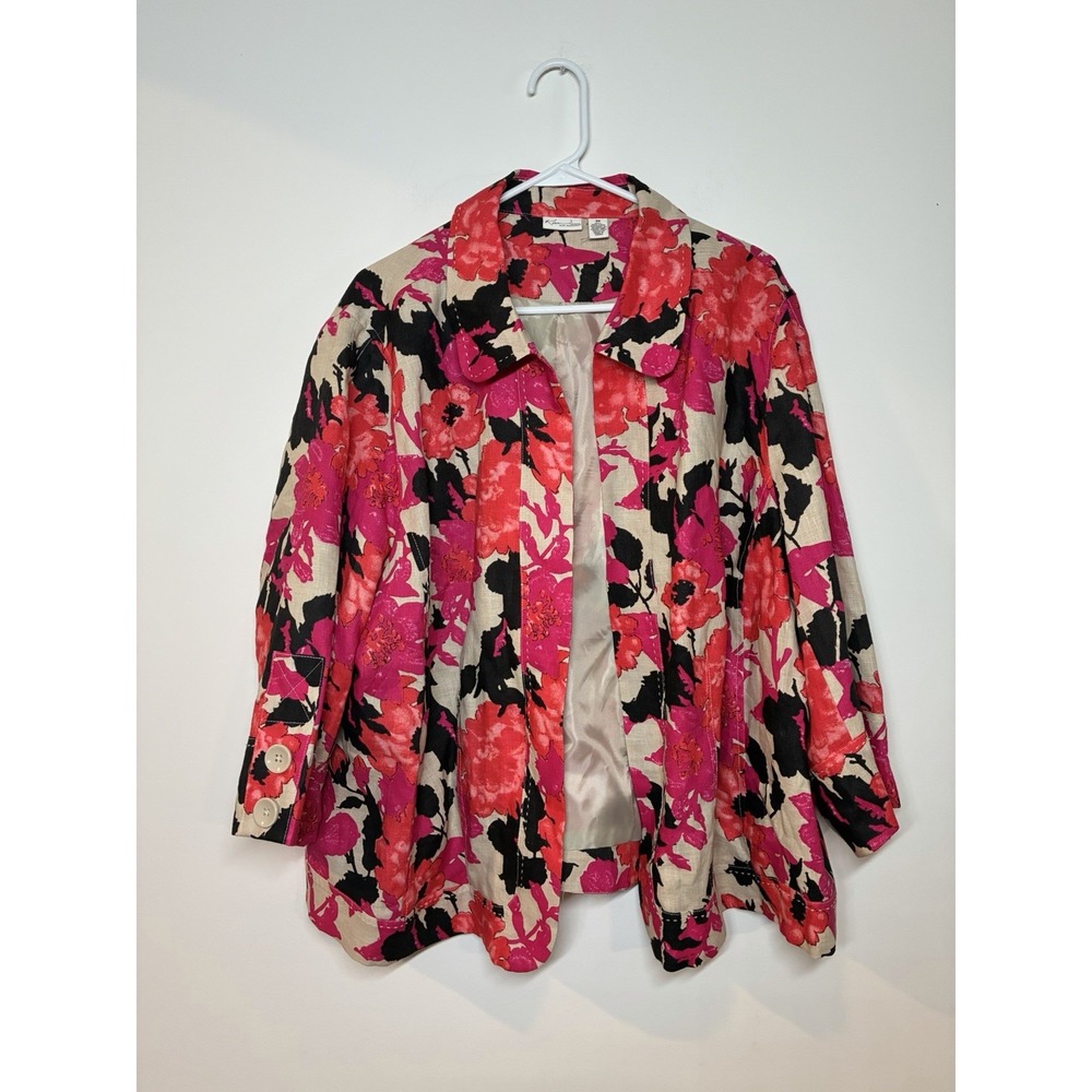 Kim Rogers Women's Pink/White/Black Floral Open Front Collared Jacket 3X Linen